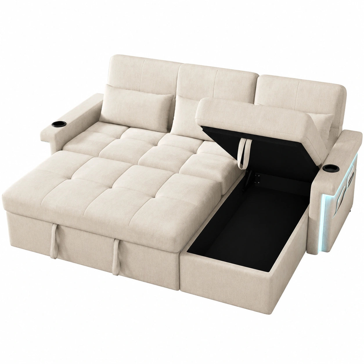Canapé d'angle réversible avec LED et port USB, 3 places, dossier ajustable, coussins inclus, espace de rangement